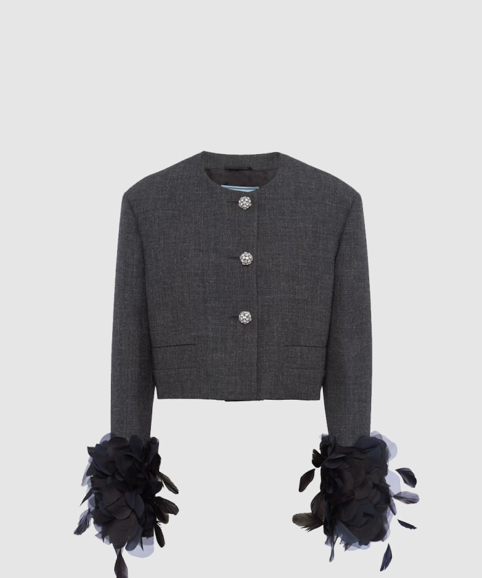 [PRADA-프라다]페더 트리밍 싱글 브레스티드 울 재킷 P521OR