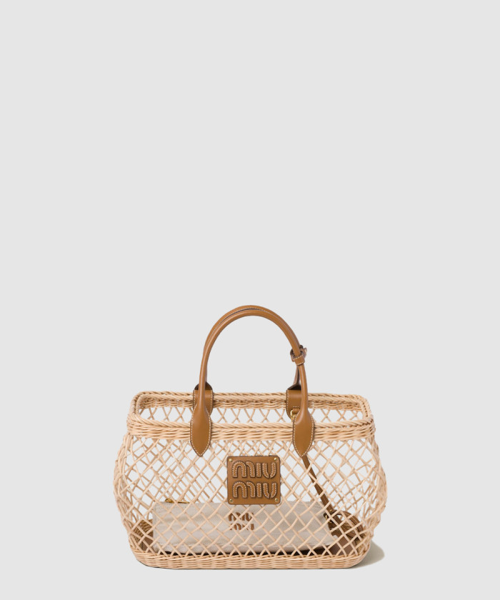 [MIUMIU-미우미우]가죽 트리밍이 있는 우븐 패브릭 핸드백 5BA285