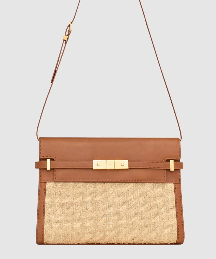 [SAINT LAURENT-생로랑]맨하탄 숄더백 라피아 앤 베지터블 탠 레더 내츄럴 샌드 579271